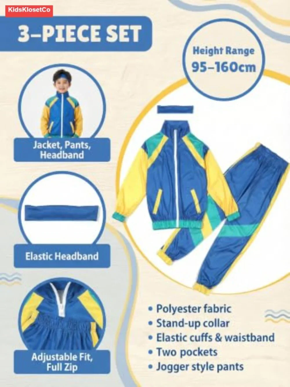 80s 90s Retro Tracksuit Costume for Boys, 3-Piece with Headband, Hip Hop Dance